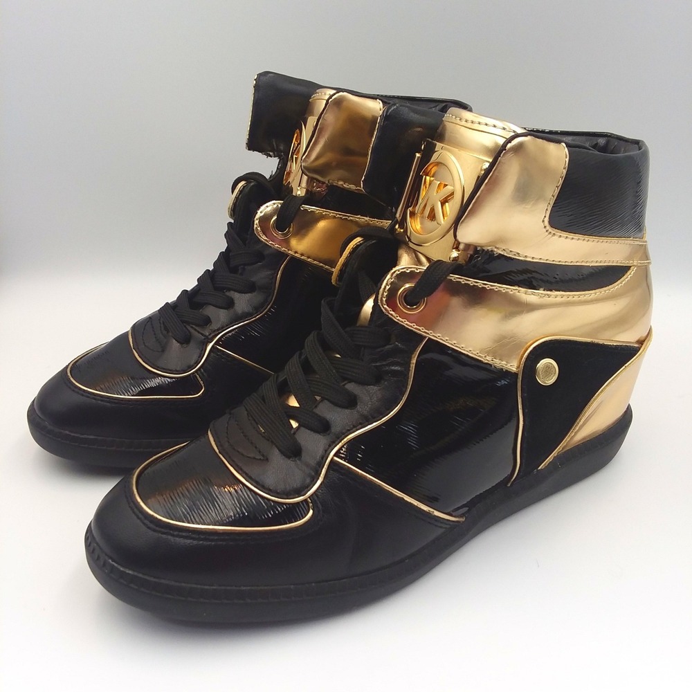 Michael Kors Nikko High-Top Wedge Sneakers Black Gold Patent Leather Women's 8M